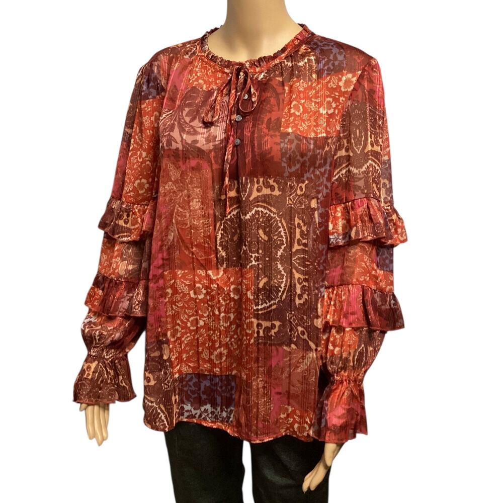 Frye & Co. patchwork floral combo ruffled long-sleeves metallic thread size L
